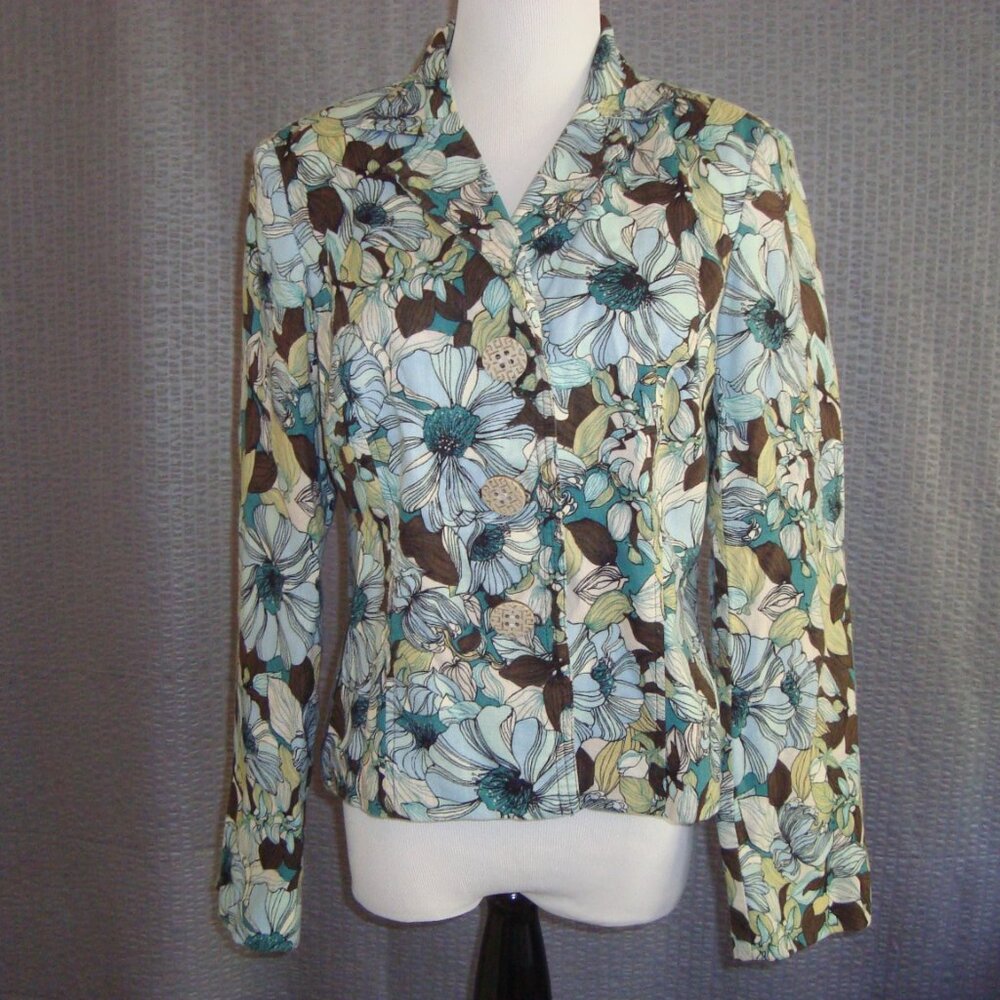 R.Q.T. Blazer Jacket Floral Blue Brown Button Front Lined sz 10P